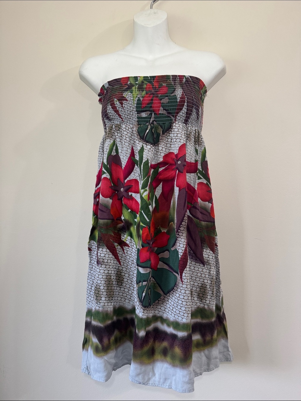 George Floral Strappless Mini Dress in Red, Green & Purple